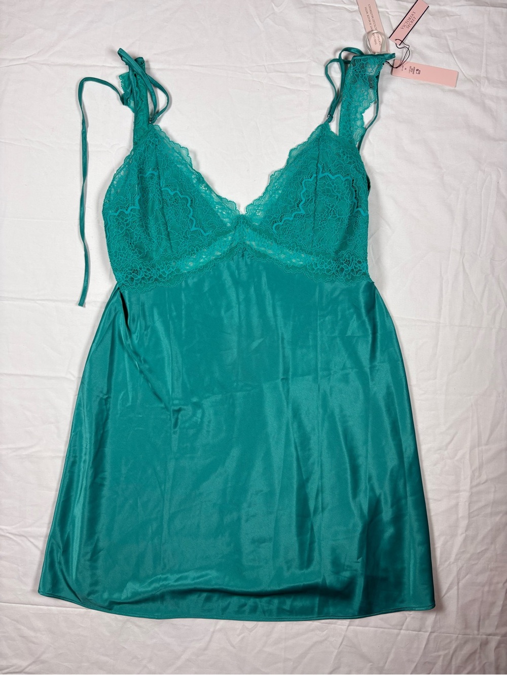Victoria's Secret Teal Lace-Trim Satin Slip